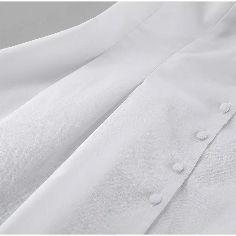 Aiertu  -  Cotton Linen Tank Top Shorts Sets Women's White Single Breasted Halter Ruffles Vest Wide Leg Shorts Suits Summer Commute Chic Aiertu