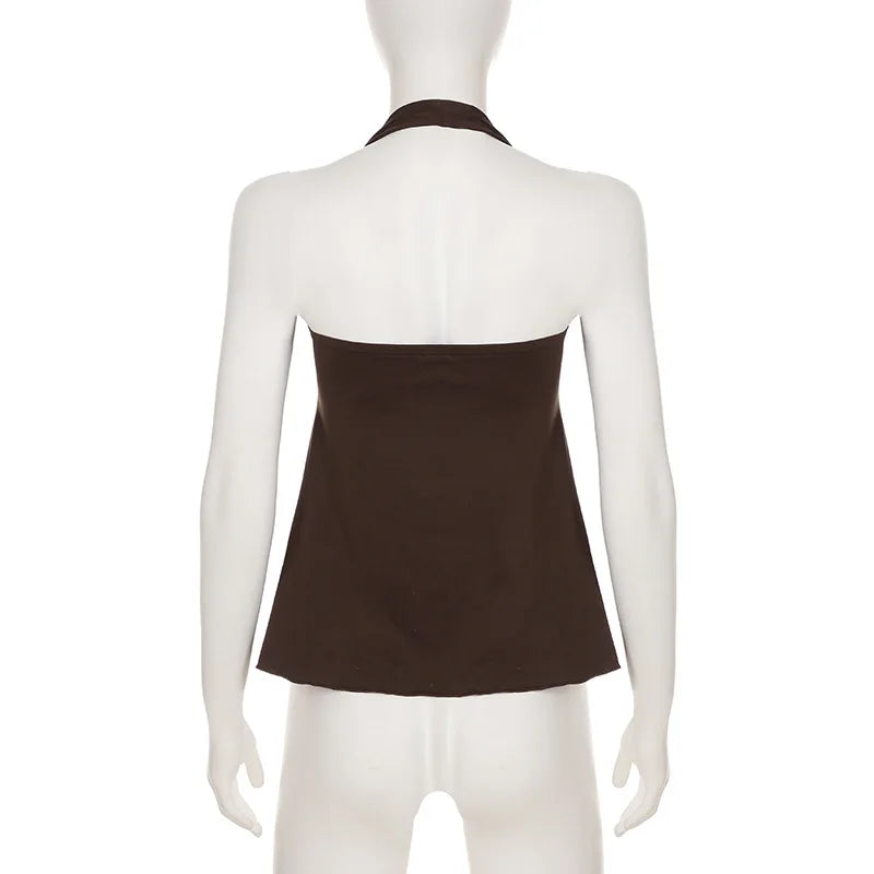 Aiertu  -  Brown Embroidered V Neck Backless Halter Top 2000s Clothes Y2k Vintage Sexy Tank Tops Women Summer 2025 Aiertu