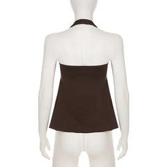 Aiertu  -  Brown Embroidered V Neck Backless Halter Top 2000s Clothes Y2k Vintage Sexy Tank Tops Women Summer 2025 Aiertu