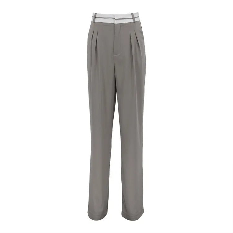 Aiertu  -  Elegant Loose Gray Office Ladies Pants Fashion High Waist Straight OL Trousers Chic Spliced Full Length Women Pants Aiertu