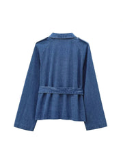 Aiertu  Women Fashion With Belt Denim Solid Double Breasted Jackets Vintage Lapel Neck Long Sleeves Female Chic Lady Outfits Aiertu