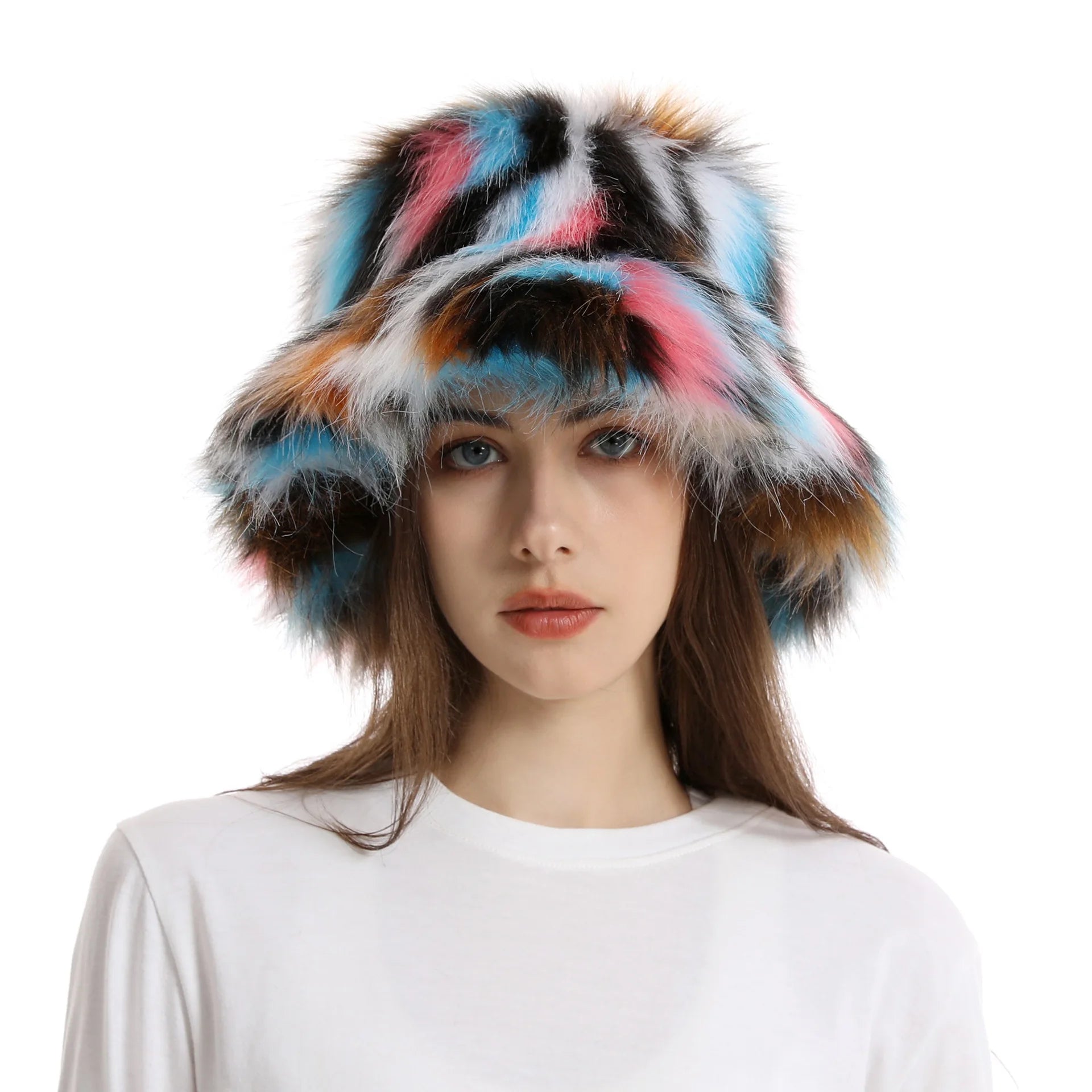 Aiertu  -  Autumn Winter Women Keep Warm Rainbow Faux Fox Fur Basin Cap Female Fashion Casual Party Bucket hat Music Festival Thickened Hat Aiertu