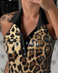 Aiertu Women's Tank Top Contrast Sequin Leopard Print Skinny Sleeveless T-Shirt Women Daily Clothing Button Front Casual Slim Fit Vest Aiertu