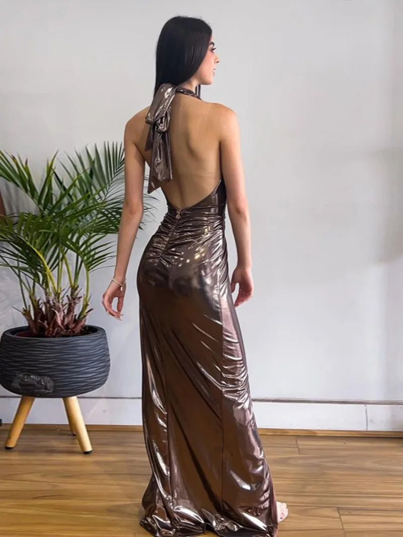 Aiertu  -  Woman Sexy Halter High Waist Backless Long Dress 2026 Ladies Elegant Hollow Out Folds Bandage High Slit Party Evening Dresses Aiertu
