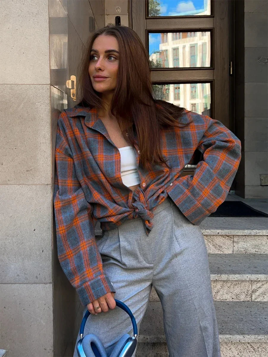 Aiertu  -   Vintage Loose Plaid Women'S Shirt Fashion Lapel Long Sleeve Office Lady Shirts and Blouses Tops Female Clothing New Aiertu
