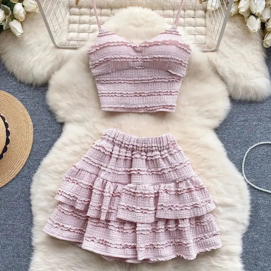 Aiertu  -  Suit V Neck Strap Crop Tops+Short Pleated Skirt Sweet Ruched Women Korean Style Chic Summer Beachwear Two Pieces Sets Suits Aiertu