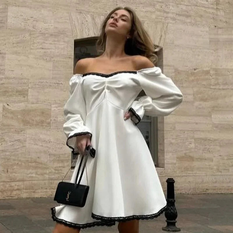 Aiertu       -  Lace Splice Big Hem Long Sleeve Dress Lady Eelgant Contrast Color Square Collar Fashion Club Party Dress Loose High Waist Aiertu