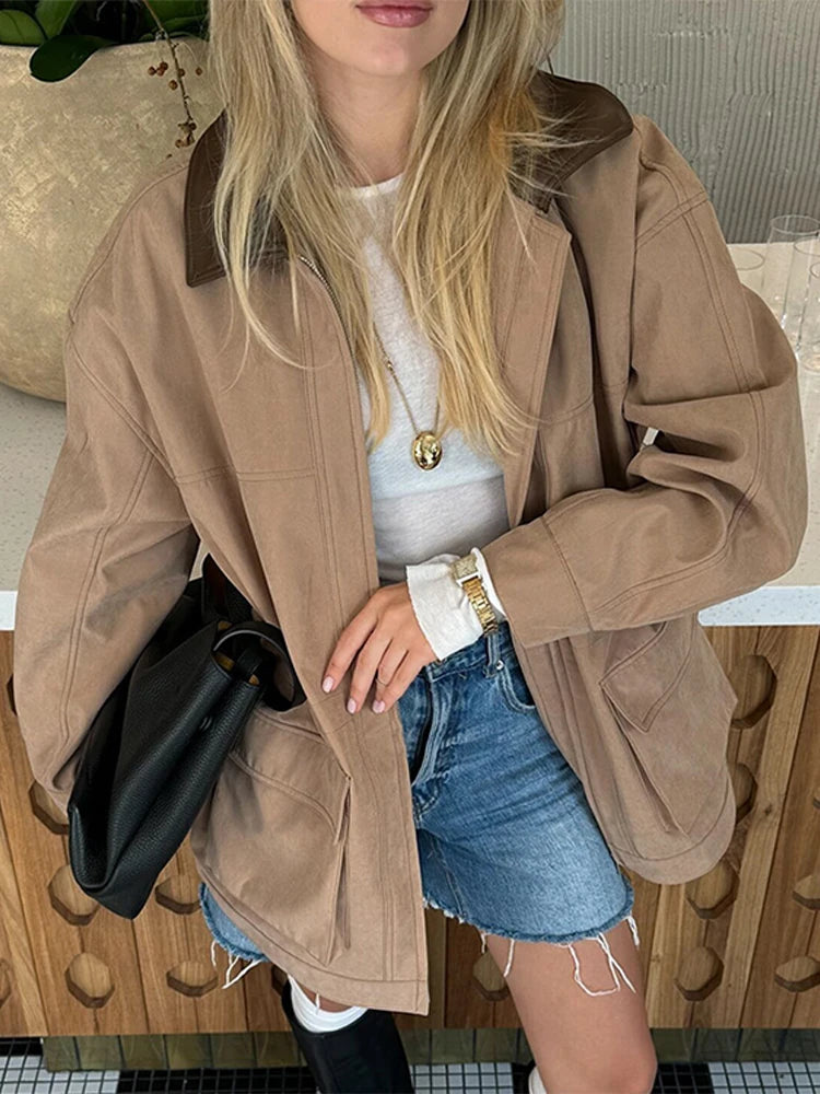 PICSGIRL  -  Fashion Lapel Zipper Women Jacket Full Sleeve Loose Female Coat Fashion Autumn Winter Vintage Solid Patchwork Lady Outwear Aiertu