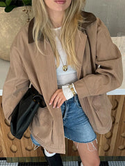 PICSGIRL  -  Fashion Lapel Zipper Women Jacket Full Sleeve Loose Female Coat Fashion Autumn Winter Vintage Solid Patchwork Lady Outwear Aiertu