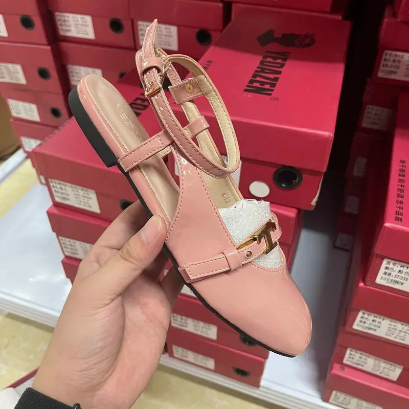 Aiertu  -  French Round Head One-Line Buckle Flat Shoes Women'S Gentle Style Ballet Shoes Back Empty Toe Sandals Aiertu