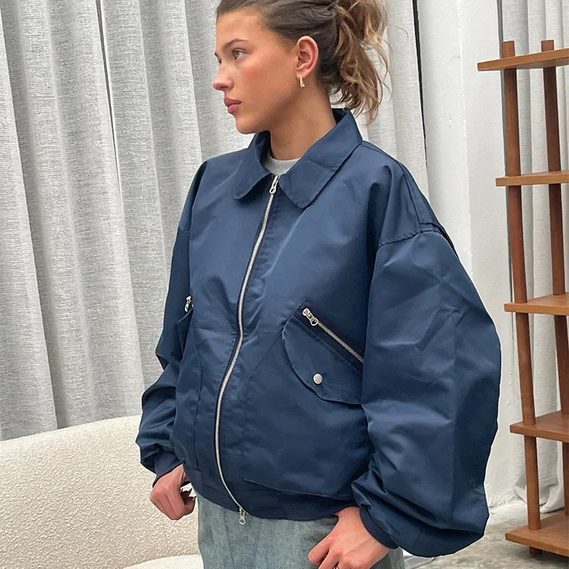 Aiertu  -  Casual Lapel Short Bomber Jackets Women Loose Patchwork Zipper Pockets Long Sleeve Coat 2026 Autumn New Lady Chic Tops Outwear Aiertu