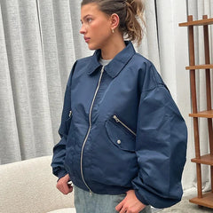 Aiertu  -  Casual Lapel Short Bomber Jackets Women Loose Patchwork Zipper Pockets Long Sleeve Coat 2026 Autumn New Lady Chic Tops Outwear Aiertu