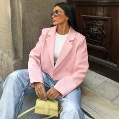 Aiertu  -  Pink Casual Short Blazers For Women Loose 2026 Autumn Winter New Top Long Sleeve Solid Notched Lady Fashion Blazers Coat Aiertu