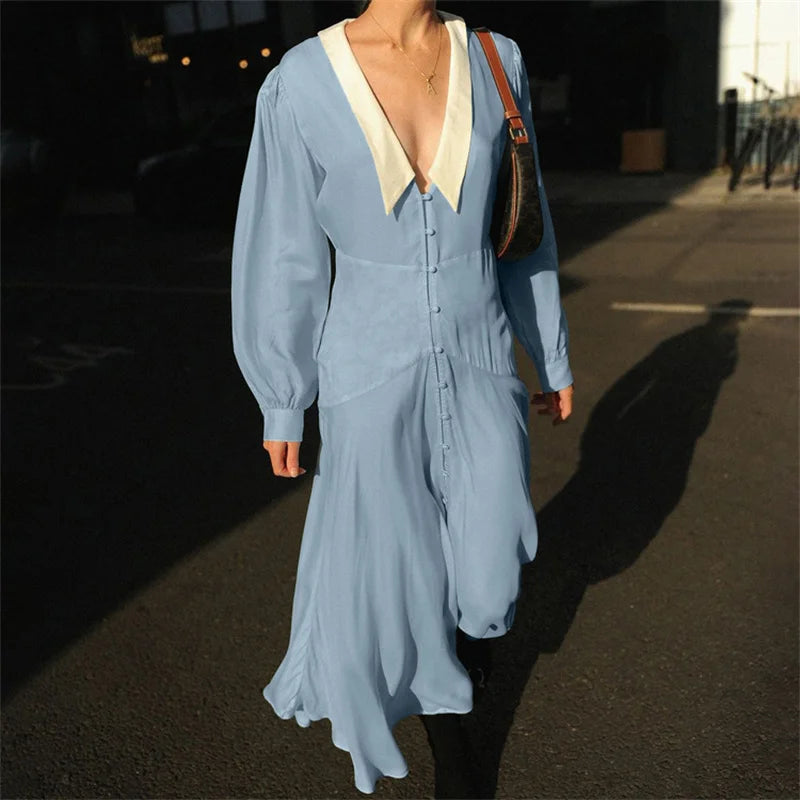Aiertu    -  Long Sleeve Cardigan Maxi Dress For Women Slim Fit Elegant High Waist Patchwork Single Breasted Fashion Holiday Dress Aiertu