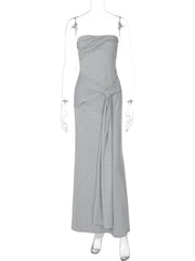Aiertu  -  Summer Women Dress Solid Grey Sexy Strapless Slim Maxi Dress Fashion Pleated Twist Long Dress Party Evening Gown Robe Aiertu
