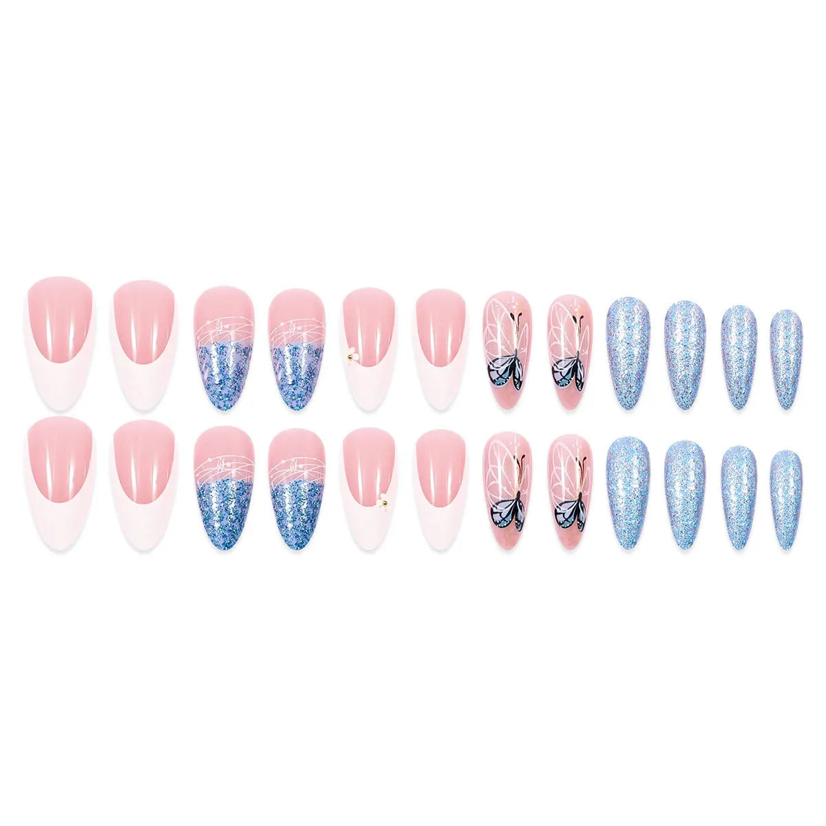 Aiertu  -  24PCS Retro French Fake Nail Art Glitter Simple Blue Sequin Butterfly Designs Almond Detachable Press on Nails Sweet False Nails Aiertu