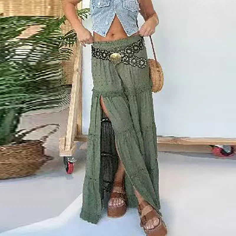 Aiertu  -  Sexy Hollow Patchwork Beach Long Skirt Lace Design Jacquard Holiday Women's Skirt Casual Elastic High Waist Pleated Split Skirt Aiertu