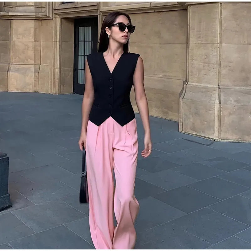Aiertu  -  Fashion Temperament V-neck Small Suit Vest Women 2026 Spring Summer Slim Solid Color Single Breasted Coat Female Commute Clothes Aiertu