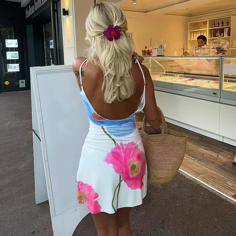 Aiertu  -  Woman Clothes Floral Print Mesh Slip Dress Y2K Streetwear 2026 Summer Lady Sleeveless Backless White Short Holiday Beach Dresses Aiertu