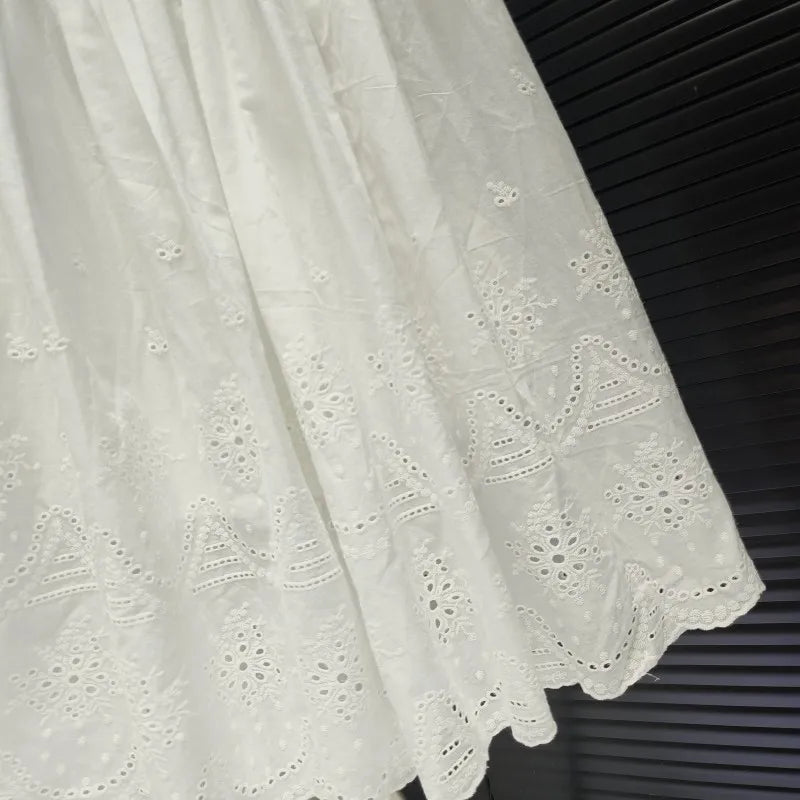 Aiertu  -  Embroidered Hollow Out White Midi Skirt Women Elastic Waist Chic Simple Long Skirts Elegant Fashion Casual A-line Skirt 2025 New Aiertu