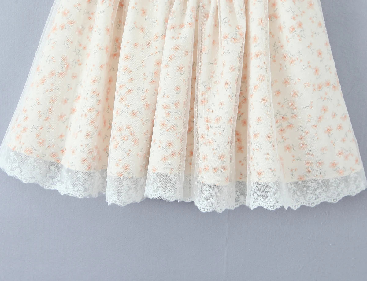 Aiertu  -  Women Flower Print Mesh Cross Lacing up Bandage Bow Corset Strapless Dress Low Waist Party Skater A-line Swing Short Robe Aiertu