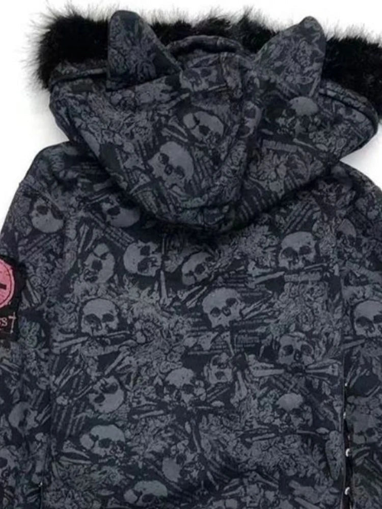 Aiertu  -  Goth Skull Print Y2k Hoodies Jackets Women Vintage Harajuku Coat Aesthetic Grunge Fur Patchwork Hooded Jacket Fairy Zipper Coat Aiertu