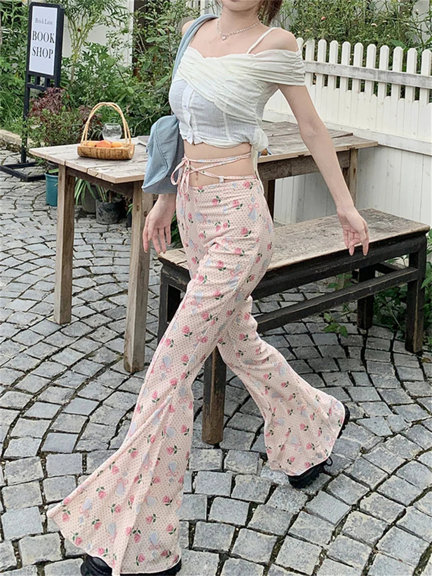 Aiertu  -  Slim Mopping Flare Pants Women High Waist Slim-Fit Printed Chic Autumn Casual Streetwear Office Lady Florals Aiertu