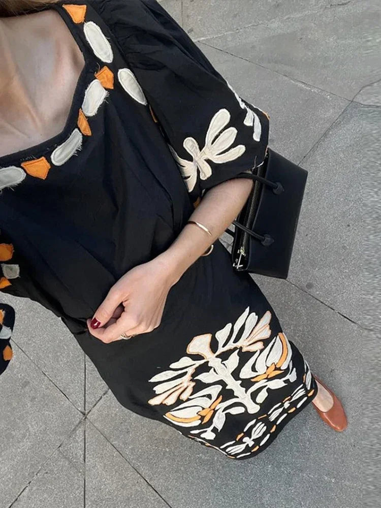 Aiertu  -  Women's Elegant Printed Long Dress Lantern Short Sleeve Loose Female Dresses Casual Square Collar Holiday Lady Robe Summer 2026 Aiertu