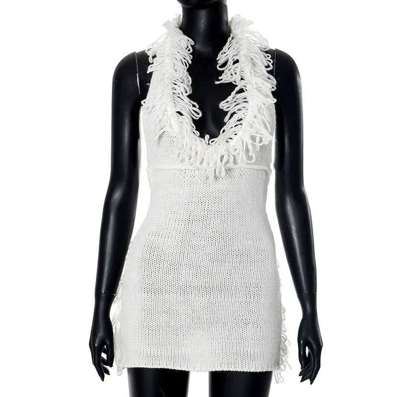PICSGIRL - party look snspos Fashion Halter Knitted Mini Dresses for Women Lace-up Backless Tassel Sweater Dress Lace-up Sleeveless Beach Vacation Vestidos Aiertu