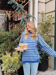 Aiertu  -  Women Casual Blue Striped Sweater Tops Fashion Loose Long Sleeve O-neck Knitted Jumpers Autumn Ladies High Street Knitwear Aiertu
