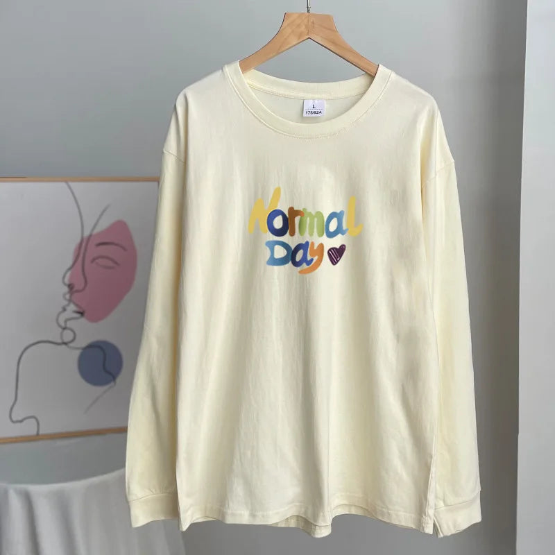 Aiertu  -  Color Letter Print White T-shirt Women 2025 Spring Round Neck Long Sleeve Cotton Tee Shirts Casual Loose Fashion T Shirt Tops Aiertu