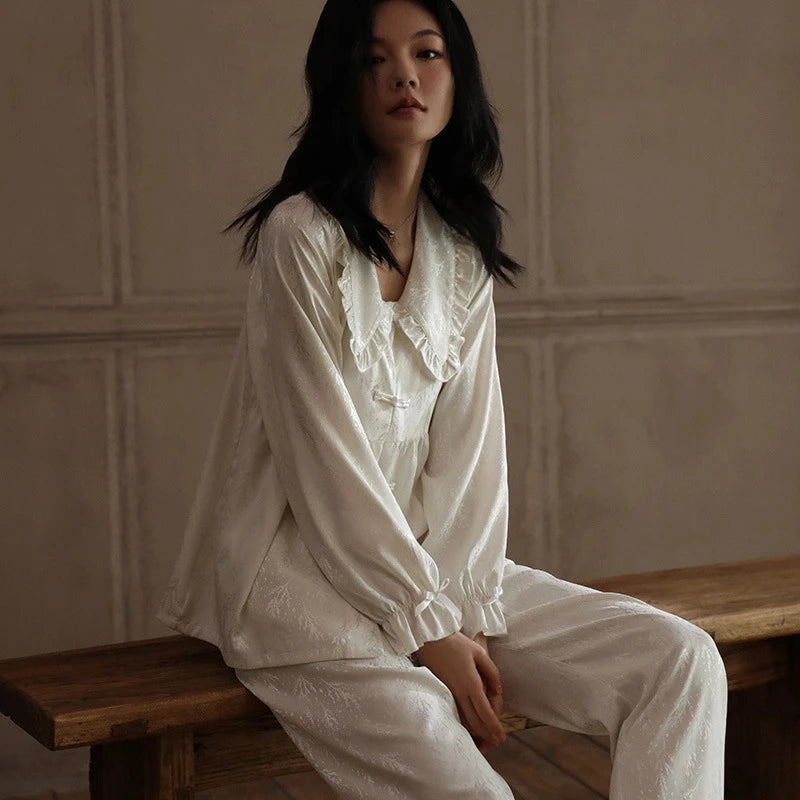 Aiertu  -  Elegant Jacquard Flower Women's Pajamas Set Satin Two Pieces Loungewear Casual Ruffle Collar Sleepwear Princess Style Pyjamas Aiertu