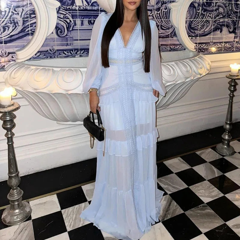 Aiertu  -  Elegant Lace Deep V-neck Pleated Long Dress Women's Casual Long Sleeve Solid Party Dress Fahsion Hight Waist Slim Evening Dress Aiertu