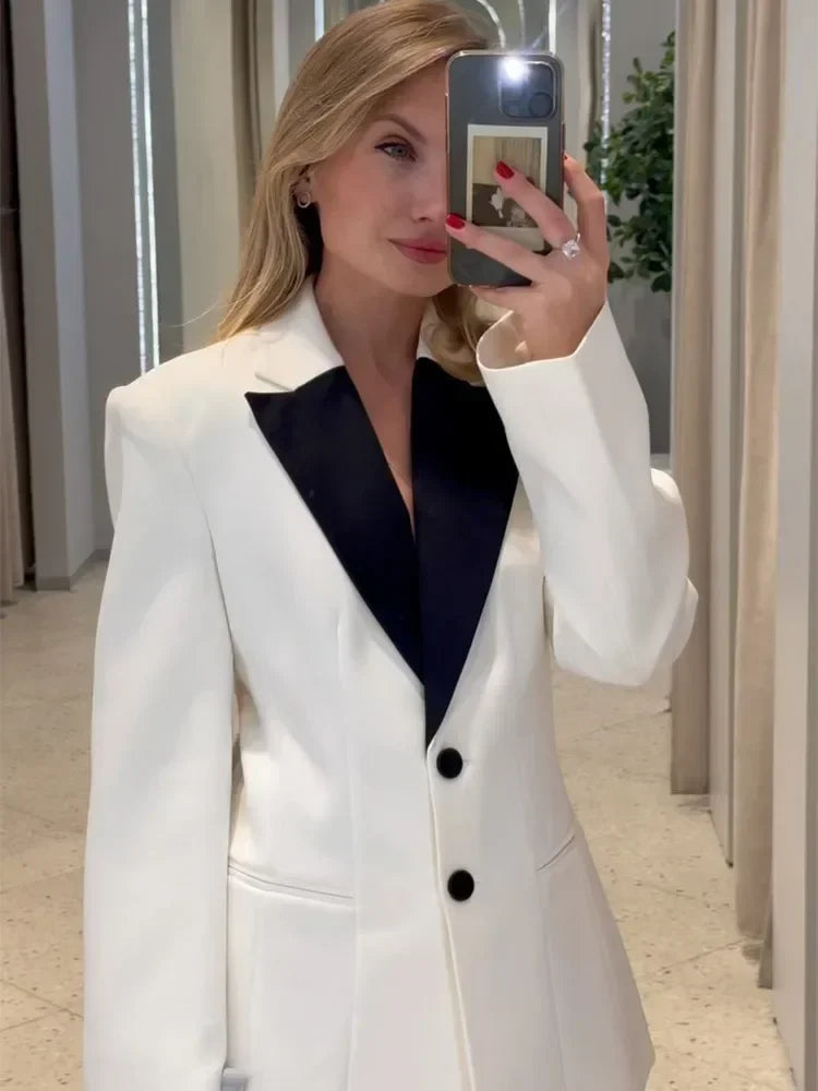 Aiertu  -  party look snspos Chic Women White Slim 2 Bittons Suit Jacket Elegant Black Lapel Collar Full Sleeve Formal Coat Lady Spring Highstreet Outwear Aiertu