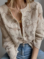 Aiertu  -  Elegant Floral Hollow Out Shirt For Women Single Button O Neck Long Sleeve Blouse Chic Fashion Female Commuting Streetwear Aiertu