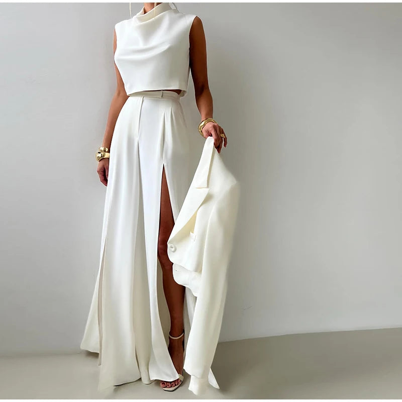 Aiertu  -  Chic Pants Set Women Swing Collar Sleeveless Crop Top High Waist Split Long Pant Female Sets 2025 Spring Casual Street Lady Suit Aiertu