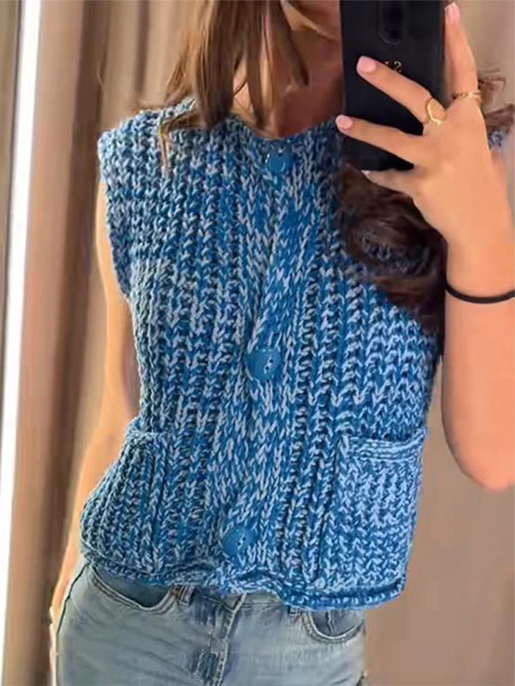 Aiertu  -  Elegant Spiral Knitting Vest For Women 2025 Chic O-neck Single Breasted Sweater Tank Spring Summer Vacation Party Lady Chic Tops Aiertu