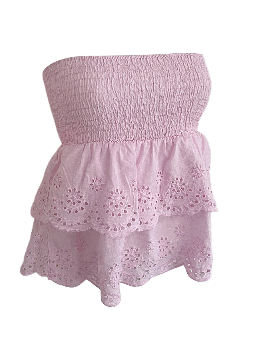 Aiertu  -  Women s Stylish Off-Shoulder Crop Tops with Ruffle Trim and Smocked Waistband for Casual Summer Outfits Aiertu