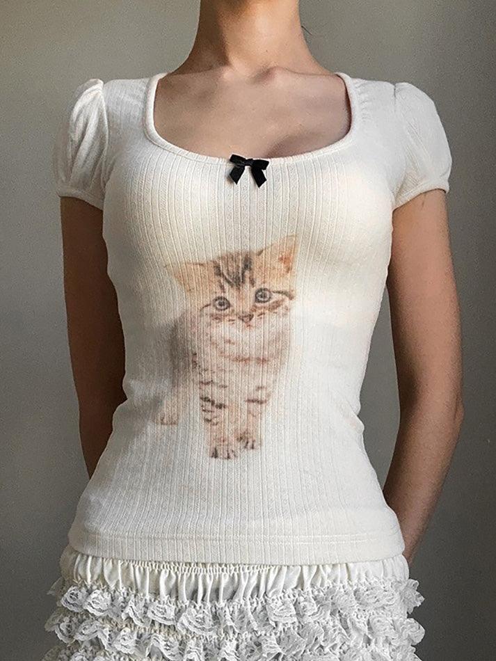 Aiertu  -  Cat Print Bow U Neck Tee Aiertu