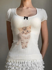 Aiertu  -  Cat Print Bow U Neck Tee Aiertu