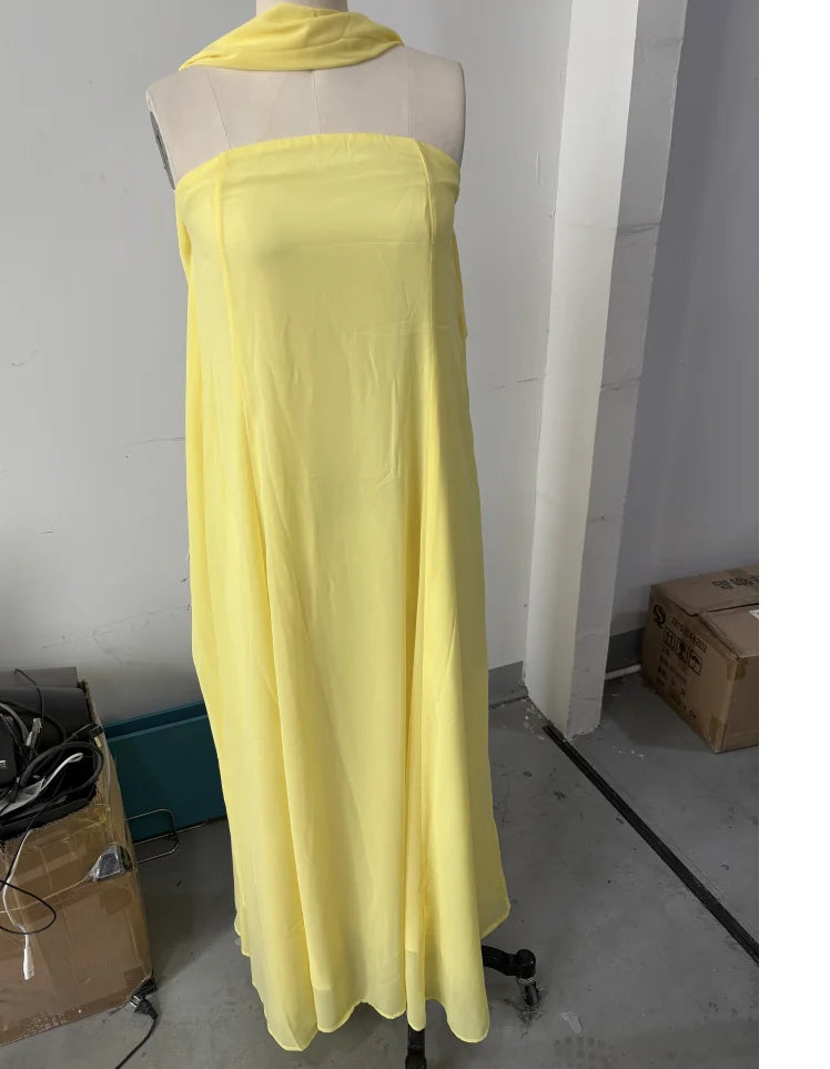Aiertu  -  Elegant Off Shoulder Maxi Dresses For Women Chic Loose Yellow Sleeveless Scarf Collar Female Robes Pleated Party Lady Vestidos Aiertu