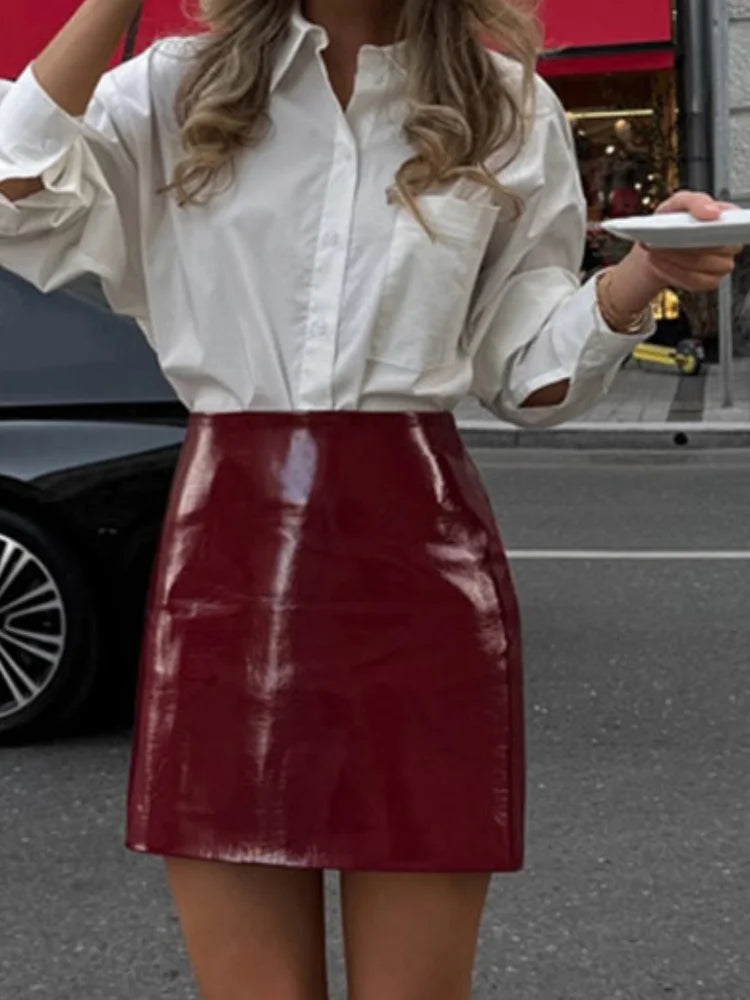 Aiertu  -  Women Sexy Bodycon Pu Leather Mini Skirt Fashion Wine Red High Waist Zipper Streetwear Autumn New Lady Office Commute Skirts Aiertu