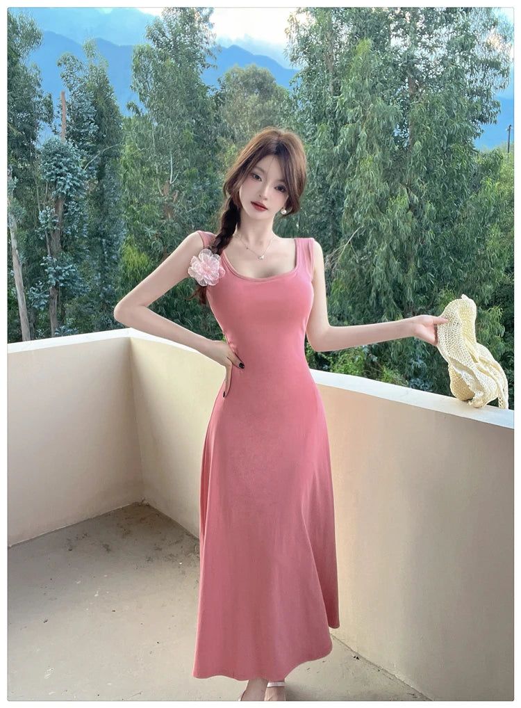 Aiertu  -  Spice Girl Sexy Strap Dress Women's Summer Sleeveless Slim A-line Solid Color Long Dress Fashion Female Clothes Aiertu