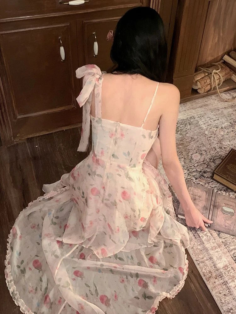 Aiertu  -  French Elegant Fairy Print Dress Women Casual Even Party Irregular Sleeveless Midi Dress Female Vintage Y2k Floral Summer Aiertu