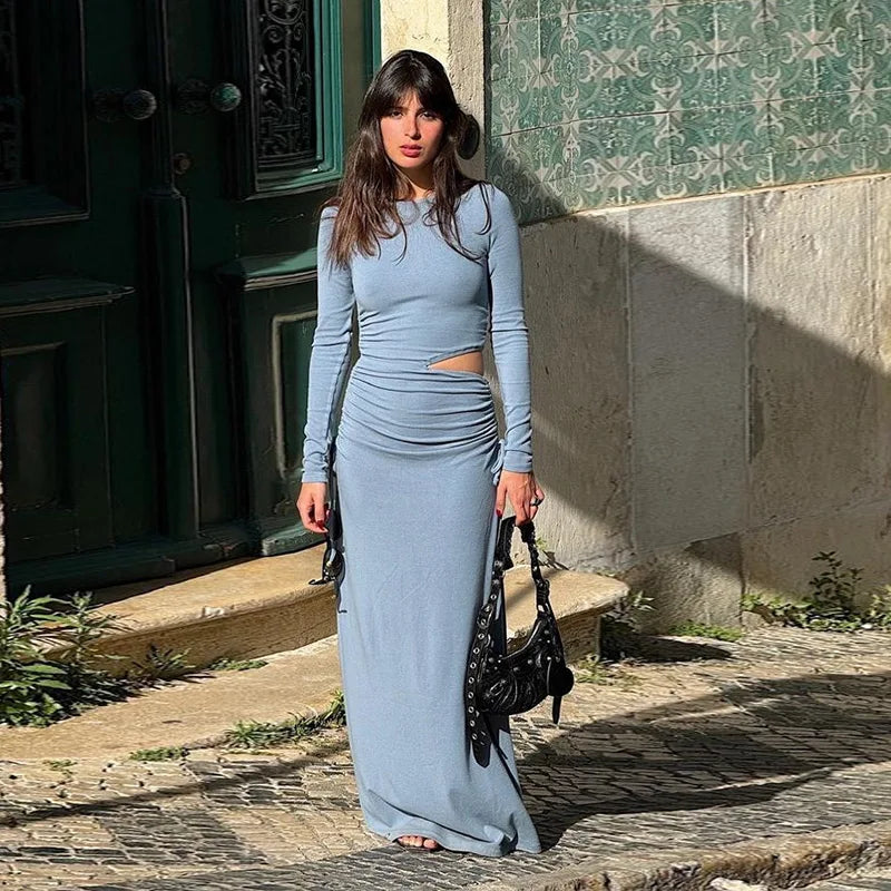Aiertu  -  Sexy Blue Hollow Out Maxi Dress Women Elegant Bodycon  Side Pleated Dresses Female Summer Autumn Ladies Fashion Streetwear Aiertu
