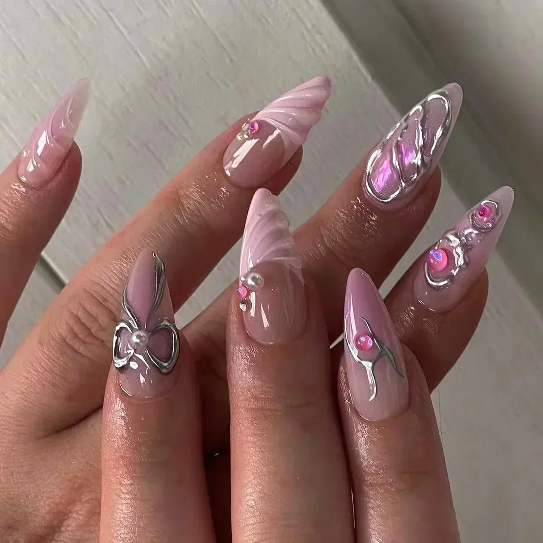 Aiertu 24Pcs Pink Almond French Press on Nails With 3D Bow ripple charms Design Fake Nails Ballerina False Nails Full Cover Nail Tips Aiertu