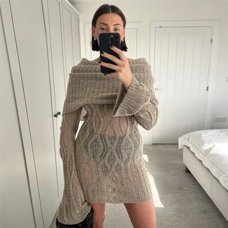 Aiertu  -  Knitted Mini Dress For Women Slim Rib High Waist Flare Sleeve Dresses Femme  Autumn Winter Bodycon Sexy Dress Woman Aiertu