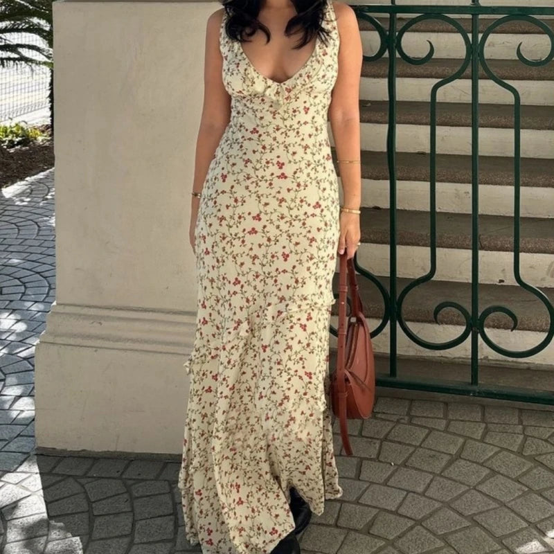 Aiertu  Floral Print Sexy V Neck Ruffles Elegant Bodycon Maxi Dresses Spring Fashion Holiday Streetwear Party Women Vestidos Aiertu