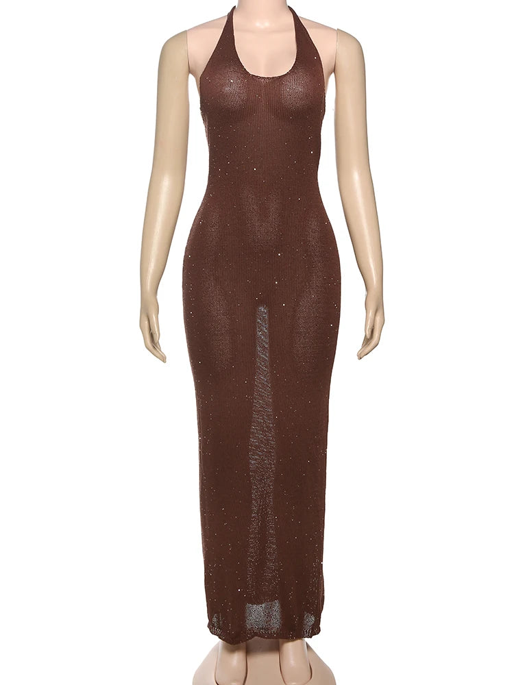 Aiertu  -  Sexy See Through Dress Women Sequins Backless Halter Sleeveless Solid Slim Summer Trend Midnight Club Party Vestidos Aiertu