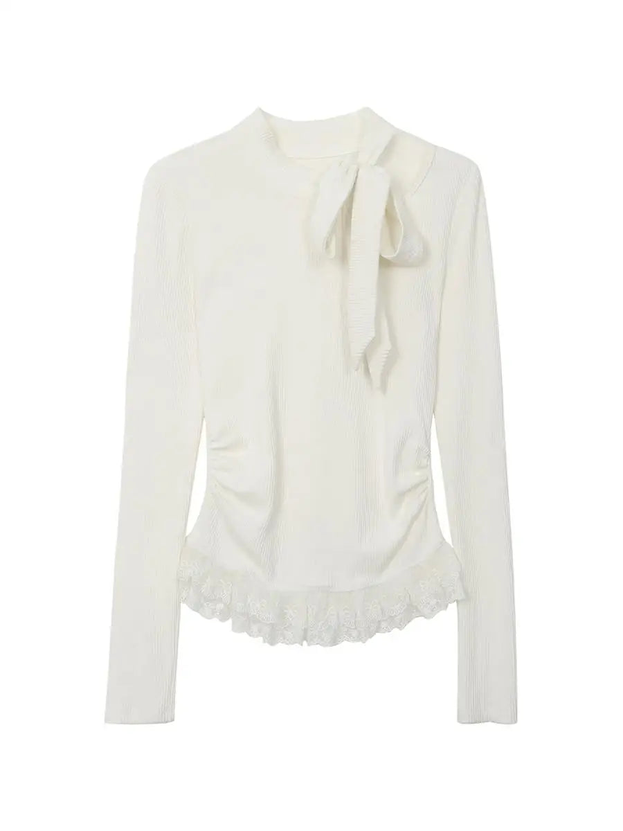 Aiertu       -  Fairycore T-shirt Woman Long Sleeve Lace Up Bow Tees Female Clothing 2000s Clothes Y2k Solid Autumn Tops Casual T Shirt Aiertu